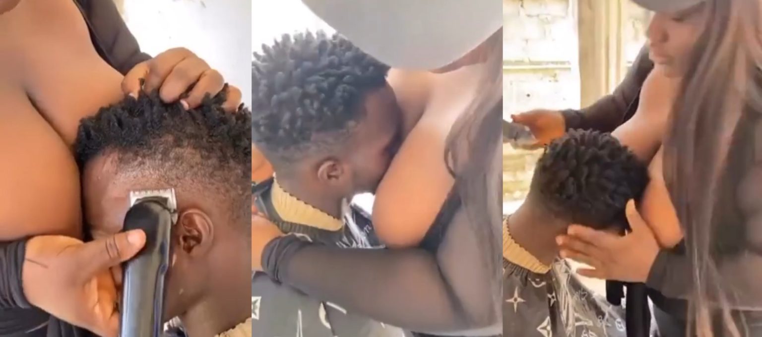 Photo of “Don’t SÚČk Her Br€@st” – Reactions As Female Barber Gives Customer A Special Treat By Letting Him Feel Her BO0bs (Video)